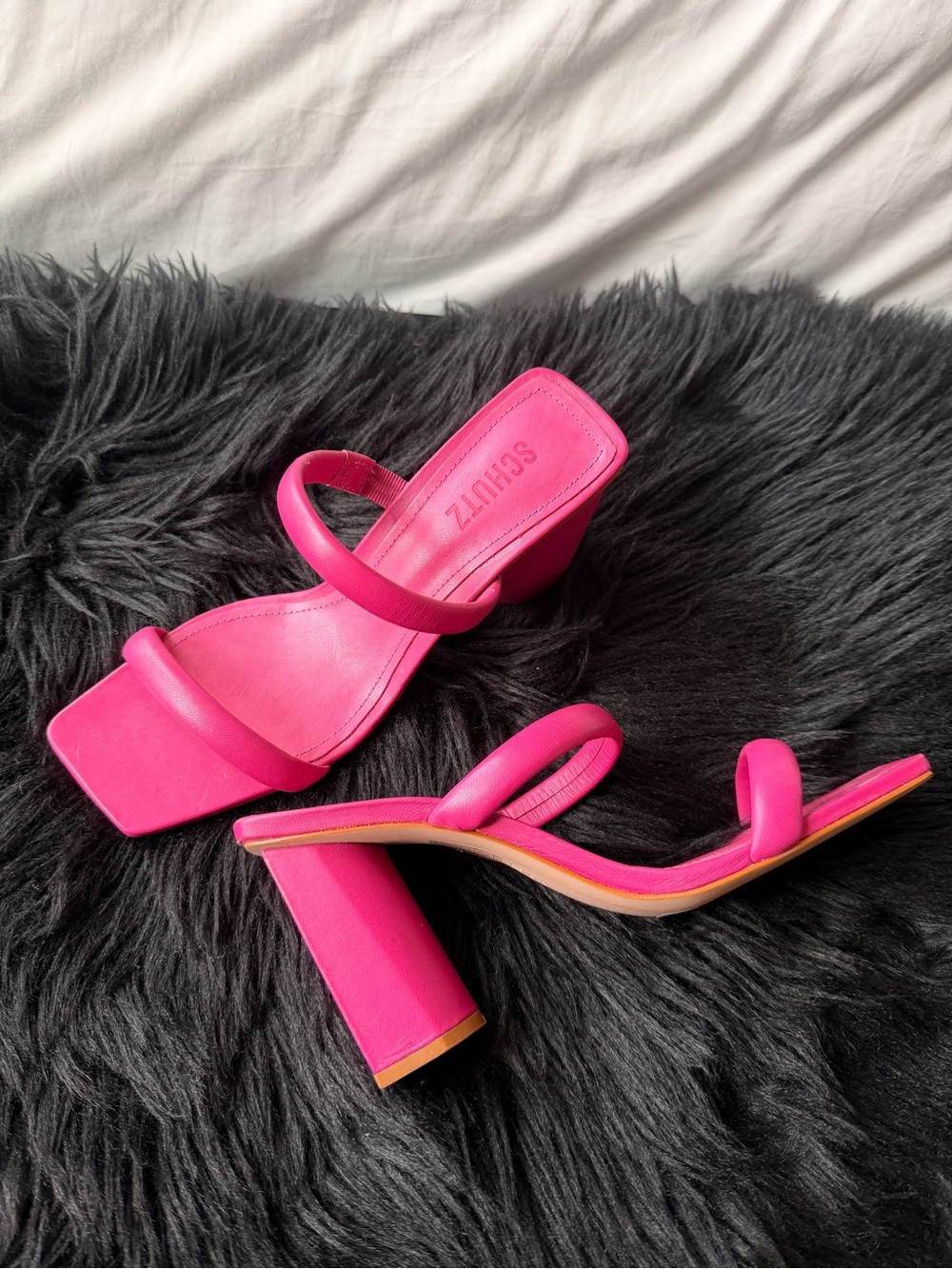 SCHUTZ Hot Pink Double-Strap Square-Toe Block Heels